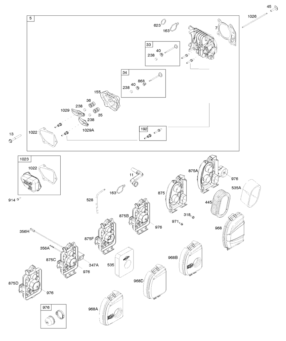 Air Cleaner, Cylinder Head Diagram and Parts List for 9P702-0188-H1  Briggs and Stratton Engine